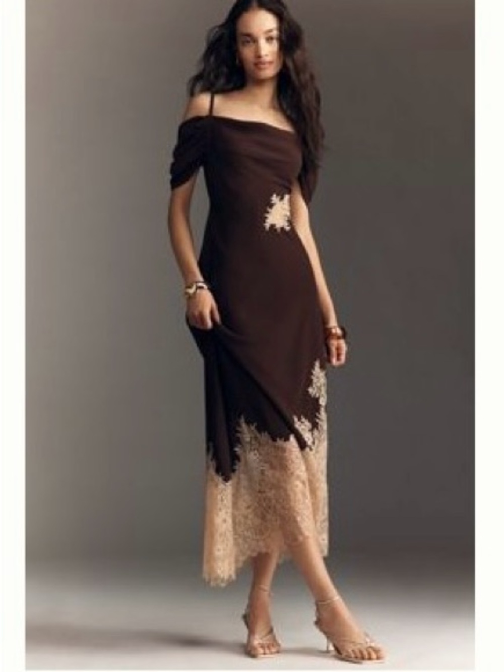 Anthropologie Size Medium Women’s Off-Shoulder Brown Dress with Lace Hem
